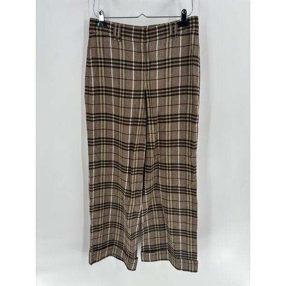 Burberry London Pants Womens 10 Brown Plaid Linen Blend Lightweight Straight Leg - Picture 1 of 15
